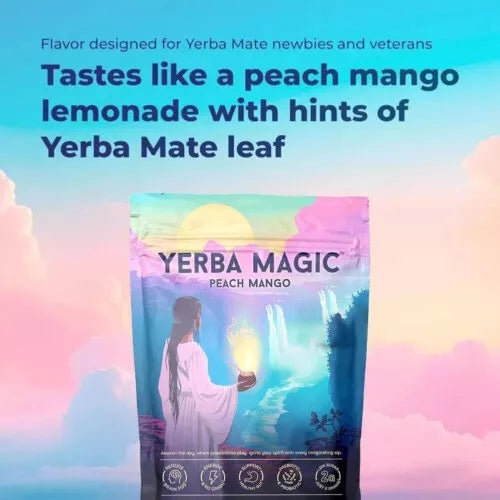 Yerba Mate Instant Powder, 3-in-1 Super Drink - Clean Energy, Brain Fog Buster, and Gut Health Powered by Nootropics, Prebiotics and Probiotics | Yerba Magic Peach Mango 30 Servings