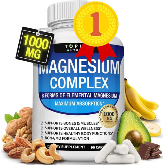 Magnesium Complex Supplement 8 Elemental 1000mg - Magnesium Glycinate, Citrate, Malate, Taurate, Chelated for Easy Absorption for Bones, Muscle, Recovery, Energy, Vegan Non-GMO 90 Capsules