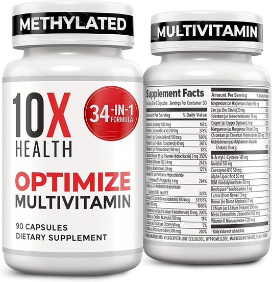 10X Health Optimize Methylated Multivitamin for Men - 90 Capsules, 34 in 1 Formula