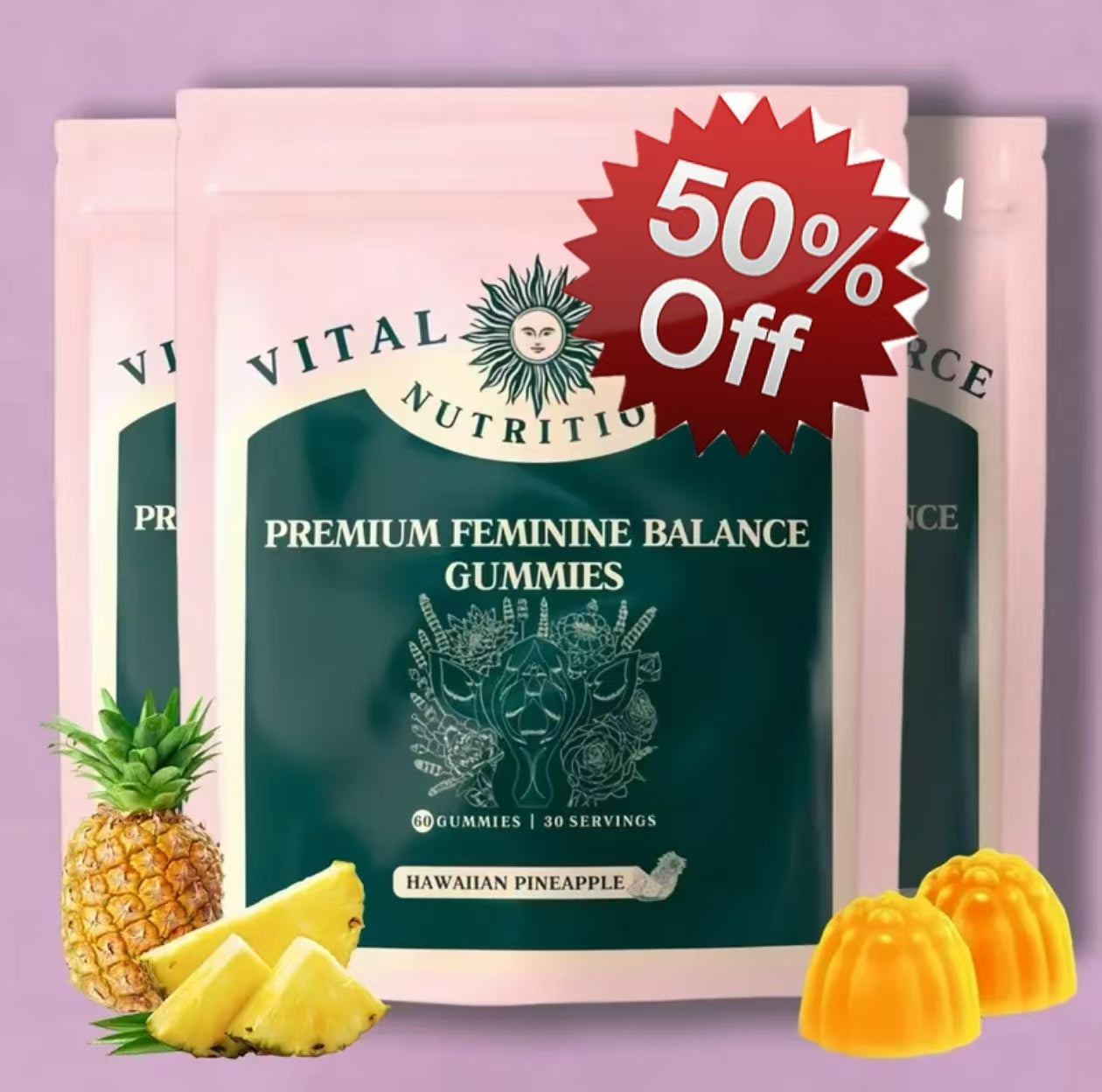 Premium Feminine Balance Gummies - for Women’s Health & Wellness - Immune Support - Vegan, Gluten-Free & Halal - Hawaiian Pineapple - 60 Gummies - 30 Servings