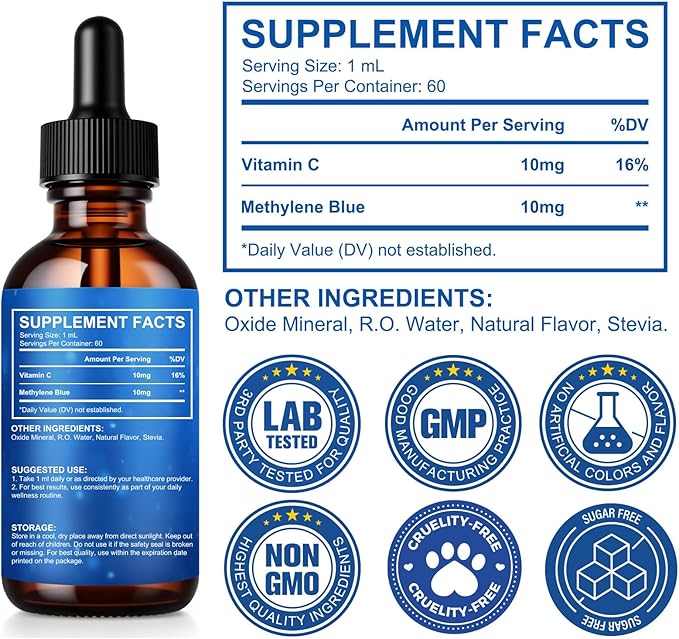 Methylene Blue 1% for Brain Health & Cognitive Support, Promotes The Body's Metabolism for Increased Absorption, Enhances Memory & Focus, No Formaldehyde, 60ml (2 Month Supply)