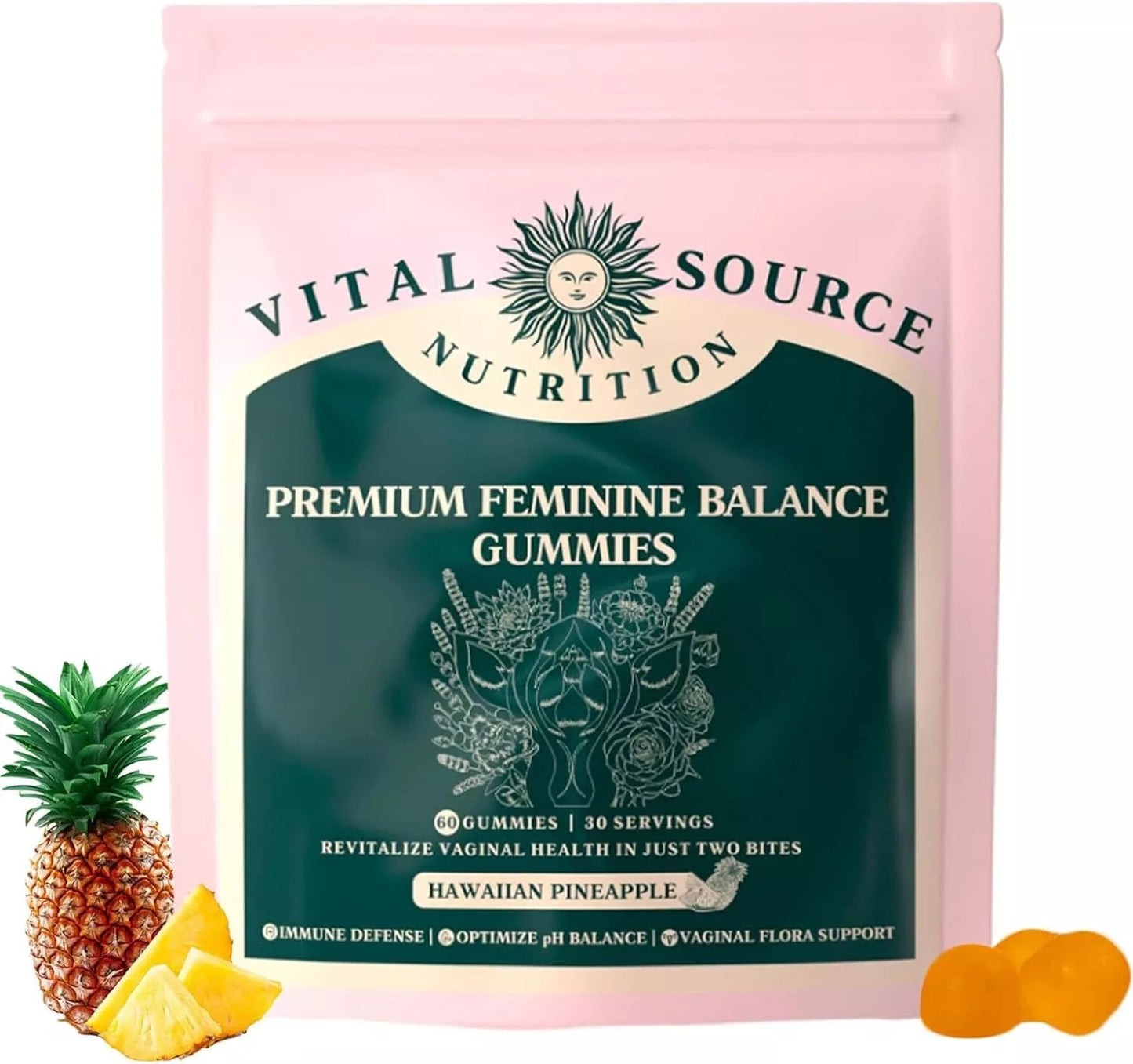 Premium Feminine Balance Gummies - for Women’s Health & Wellness - Immune Support - Vegan, Gluten-Free & Halal - Hawaiian Pineapple - 60 Gummies - 30 Servings