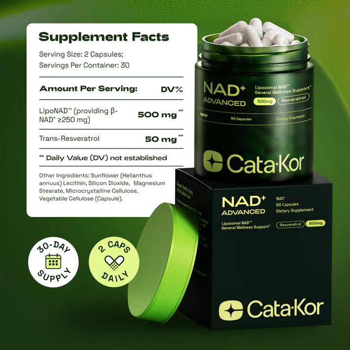 Cata-Kor 500 mg -NAD+ Supplement for Skin Aging Support, Energy, and Focus -60 Count- Vitamin & Wellness Supplements Dietary Healthcare Edible