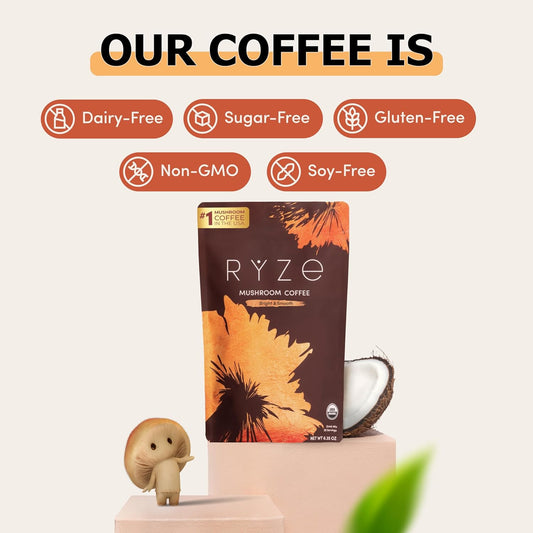 RYZE SUPERFOODS Mushroom Medium Roast Coffee Starter Kit, USDA Organic Instant Coffee with 6 Adaptogenic Mushrooms and for Energy, Focus, Digestion, Immunity with Lions Mane & Turkey Tail 30 Serving