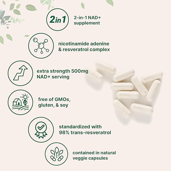 NAD+ Advanced 500MG Liposomal NAD+ with Resveratrol - NAD Supplement for Men & Women - NMN Alternative for Cellular Energy & Healthy Aging - 60 Capsules, 30 Day Supply