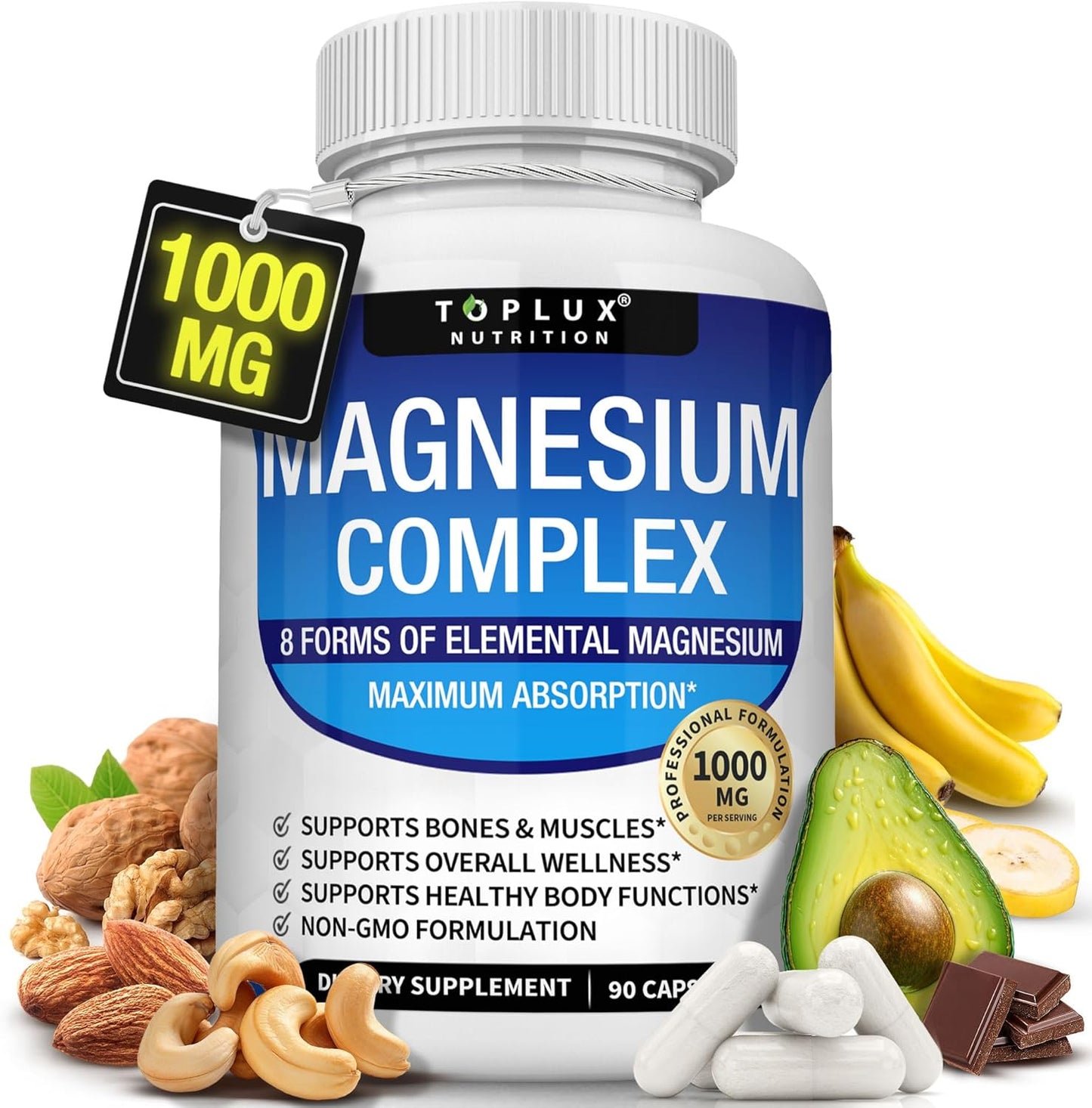 Magnesium Complex Supplement 8 Elemental 1000mg - Magnesium Glycinate, Citrate, Malate, Taurate, Chelated for Easy Absorption for Bones, Muscle, Recovery, Energy, Vegan Non-GMO 90 Capsules