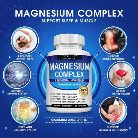 Magnesium Complex Supplement 8 Elemental 1000mg - Magnesium Glycinate, Citrate, Malate, Taurate, Chelated for Easy Absorption for Bones, Muscle, Recovery, Energy, Vegan Non-GMO 90 Capsules